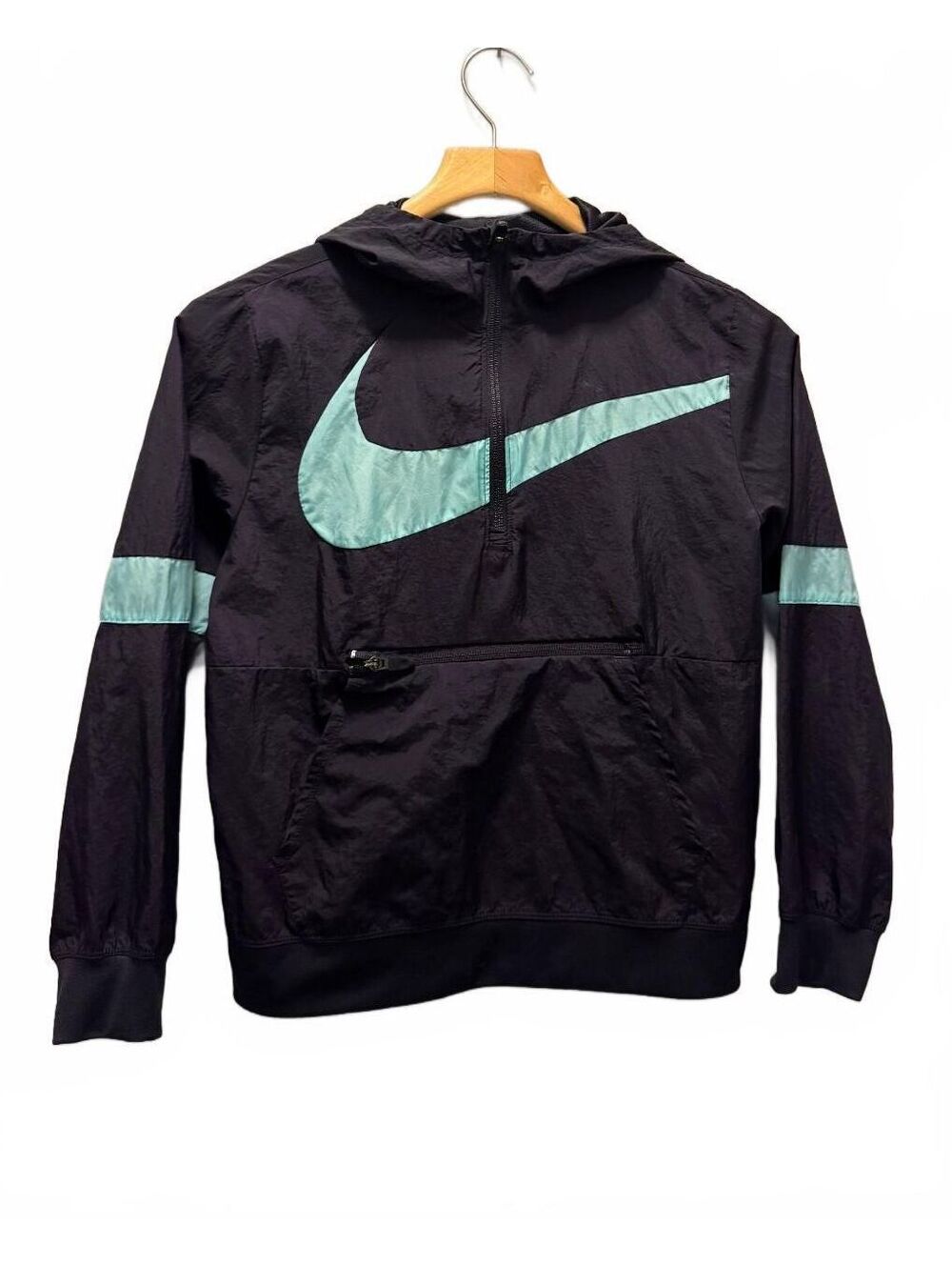 Nike Men's Windbreaker Jackets Black Blue Swoosh Hooded 1/2 Zip Pullover Size M